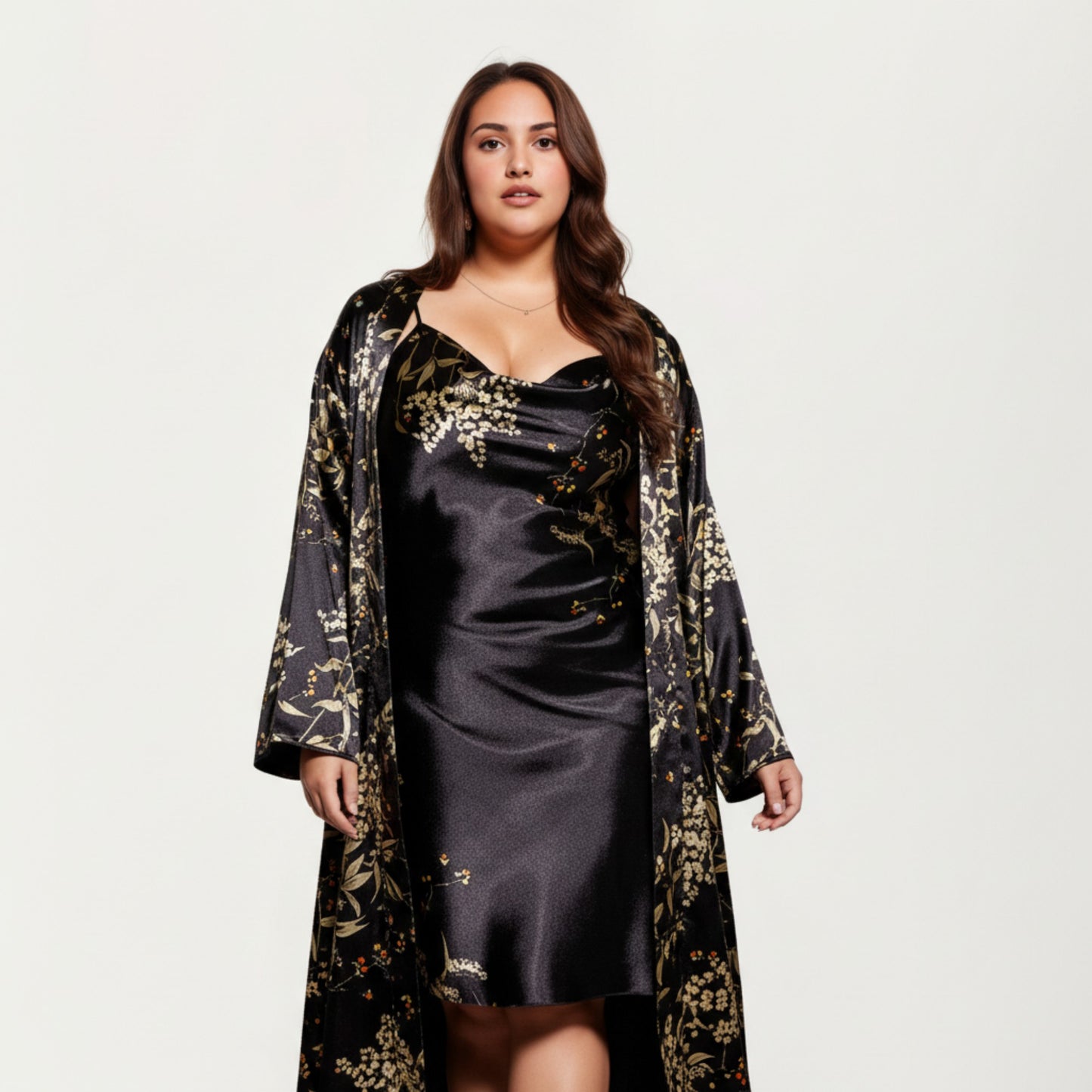 Satin Slip Dress and Long Robe Set with Floral Pattern Draped Neckline and Elegant Flowing Layered Design