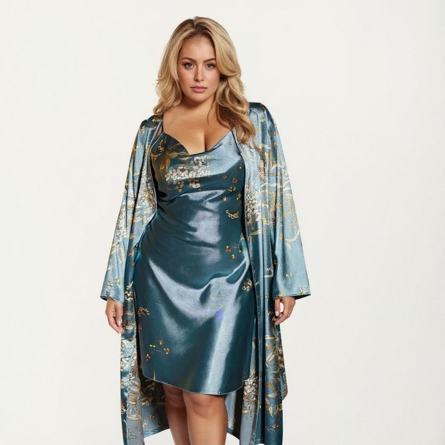 Satin Slip Dress and Long Robe Set with Floral Pattern Draped Neckline and Elegant Flowing Layered Design