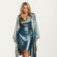 Satin Slip Dress and Long Robe Set with Floral Pattern Draped Neckline and Elegant Flowing Layered Design