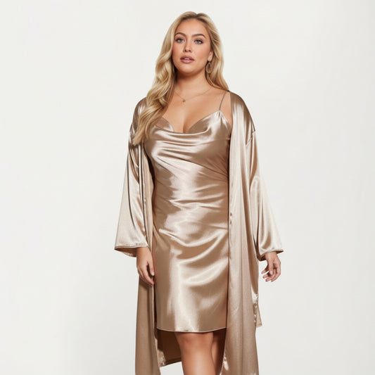 Satin Slip Dress and Long Robe Set with Soft Draped Silhouette and Elegant Flowing Layered Design