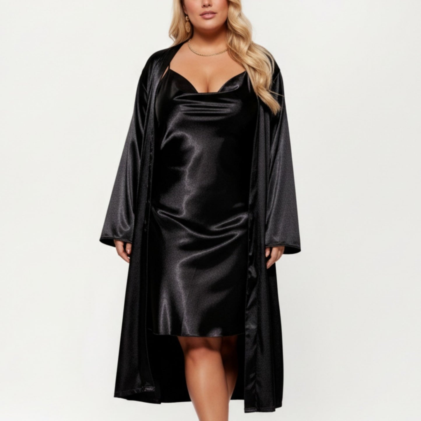 Satin Slip Dress and Long Robe Set with Soft Draped Silhouette and Elegant Flowing Layered Design
