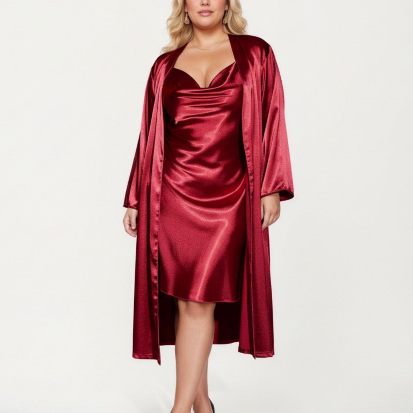 Satin Slip Dress and Long Robe Set with Soft Draped Silhouette and Elegant Flowing Layered Design