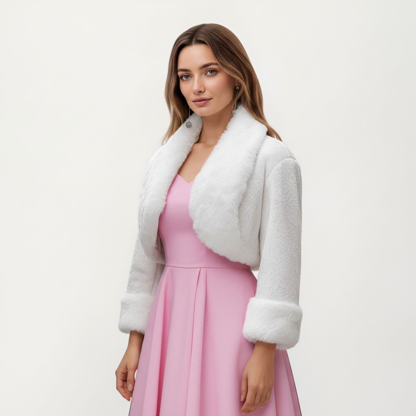 Faux Fur Trim Cropped Jacket with Plush Shawl Collar Soft Textured Long Sleeves and Clean Open Front 19in