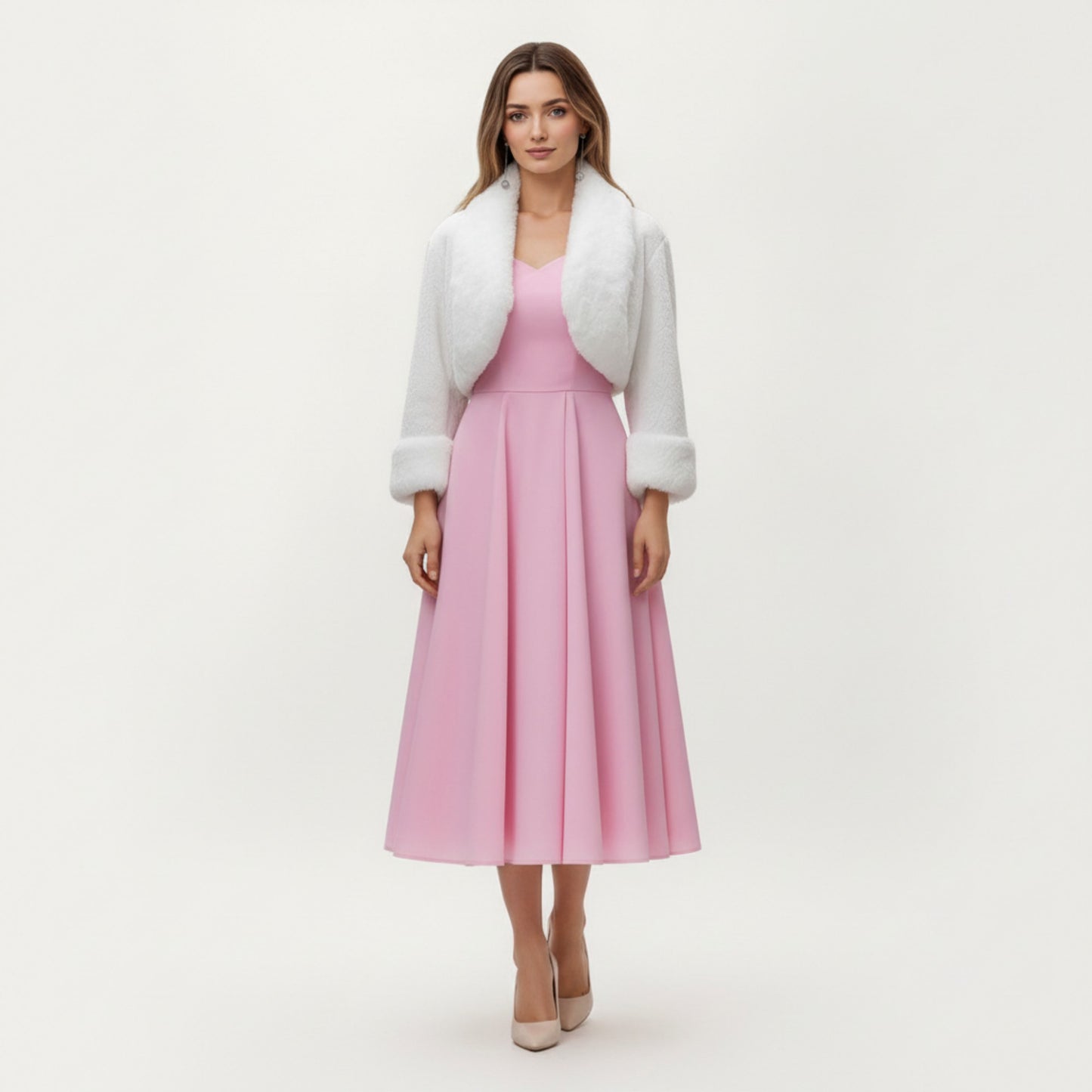 Faux Fur Trim Cropped Jacket with Plush Shawl Collar Soft Textured Long Sleeves and Clean Open Front 19in