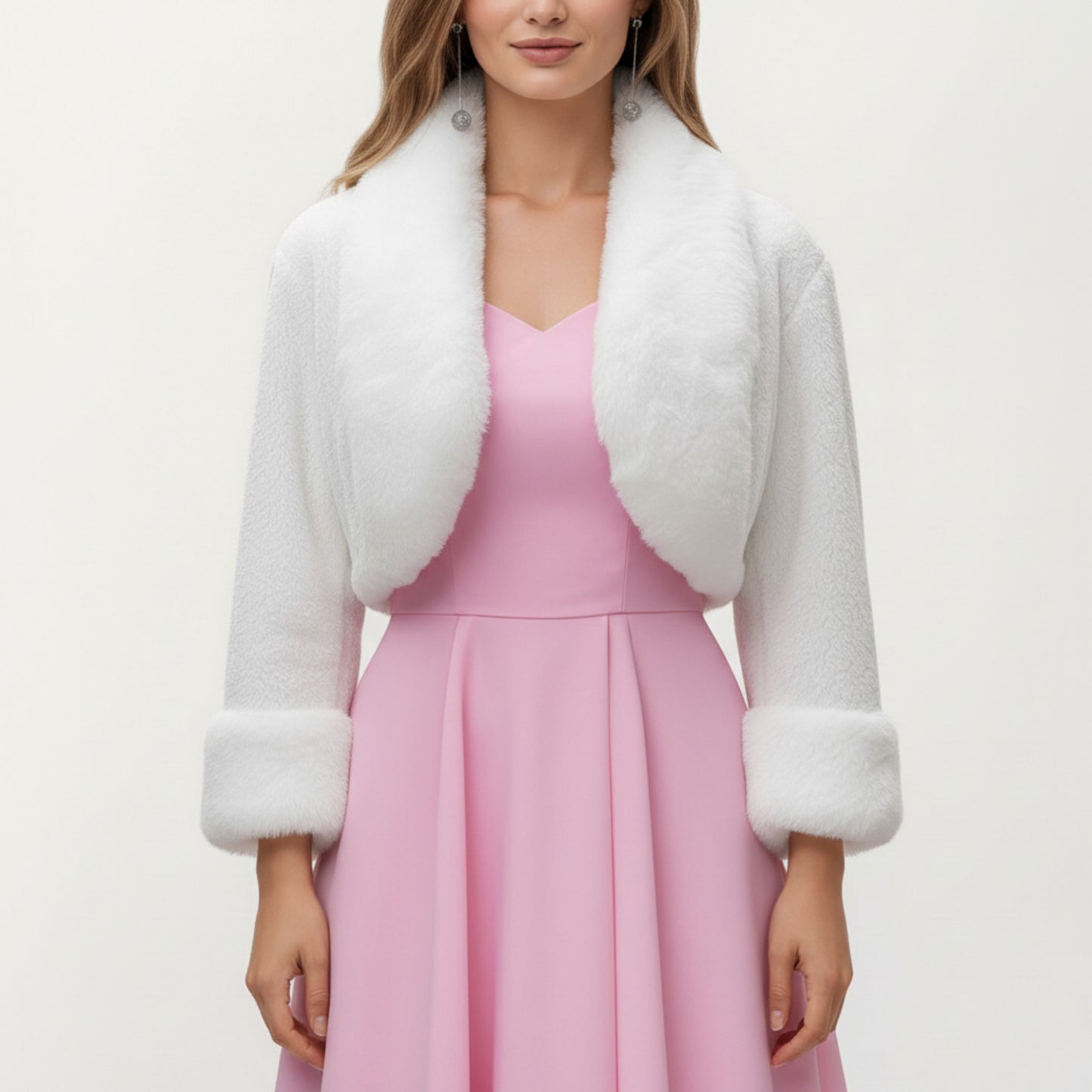 Faux Fur Trim Cropped Jacket with Plush Shawl Collar Soft Textured Long Sleeves and Clean Open Front 19in
