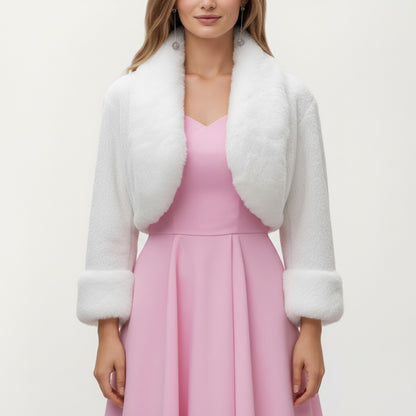 Faux Fur Trim Cropped Jacket with Plush Shawl Collar Soft Textured Long Sleeves and Clean Open Front 19in