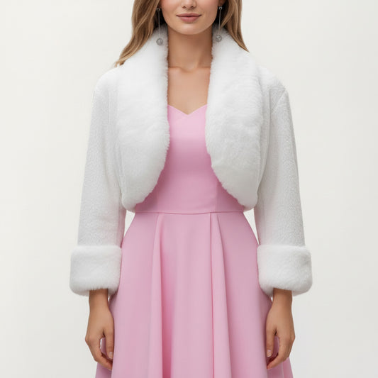Faux Fur Trim Cropped Jacket with Plush Shawl Collar Soft Textured Long Sleeves and Clean Open Front 19in