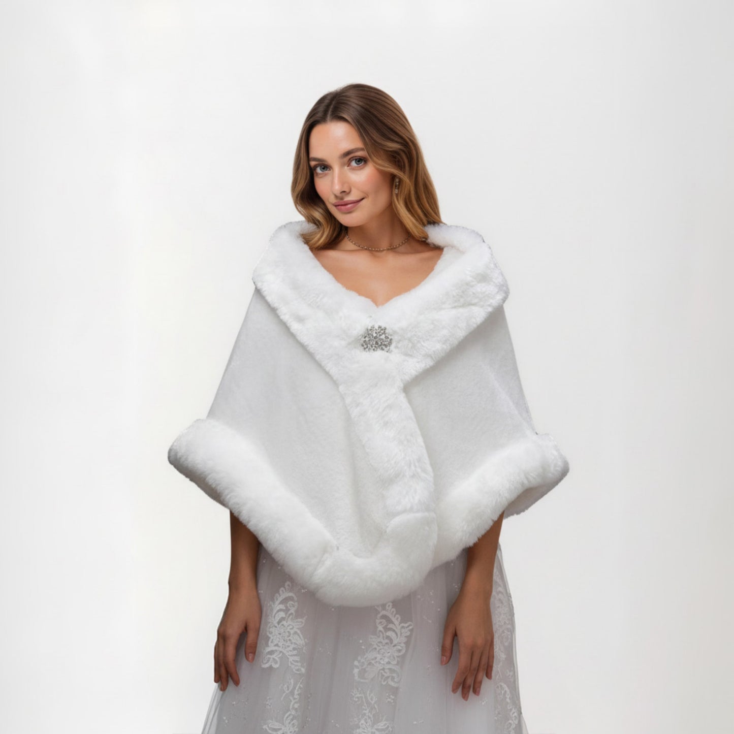 Faux Fur Trim Wrap Shawl with Plush Textured Finish Sparkling Brooch Closure and Draped Silhouette 19in