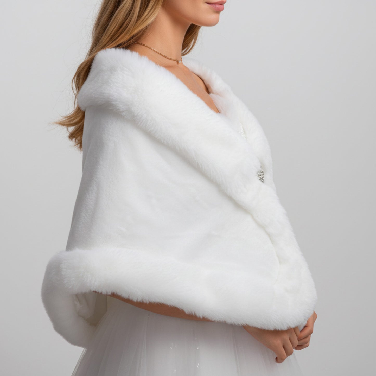 Faux Fur Trim Wrap Shawl with Plush Textured Finish Sparkling Brooch Closure and Draped Silhouette 19in