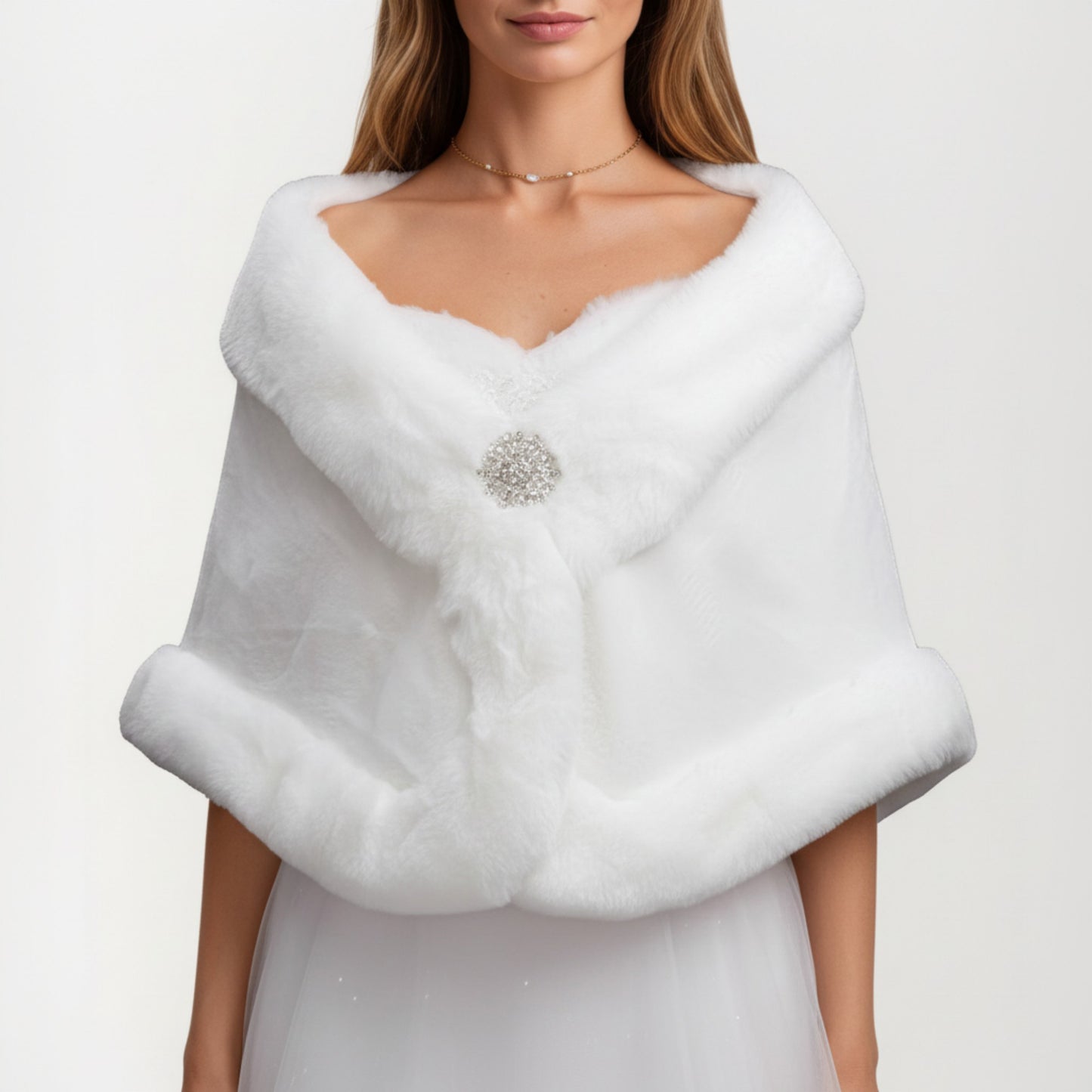Faux Fur Trim Wrap Shawl with Plush Textured Finish Sparkling Brooch Closure and Draped Silhouette 19in