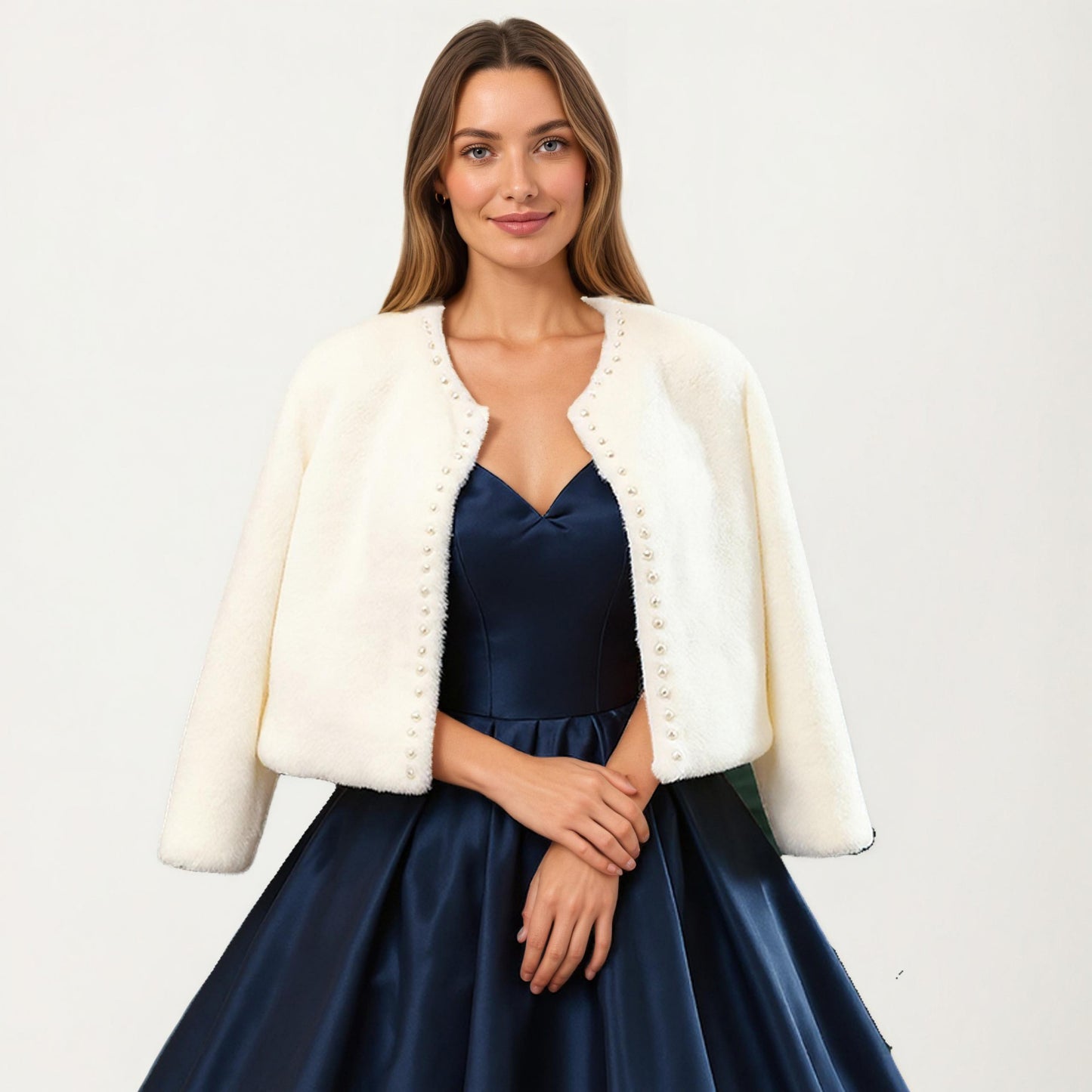 Soft Plush Cropped Jacket with Pearl Trim Open Front Long Sleeves and Elegant Textured Finish 23.5in