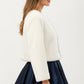 Soft Plush Cropped Jacket with Pearl Trim Open Front Long Sleeves and Elegant Textured Finish 23.5in