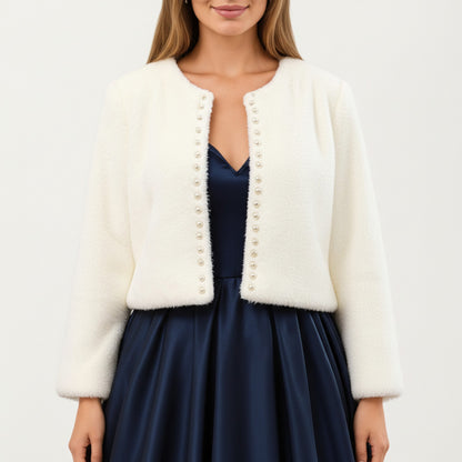 Soft Plush Cropped Jacket with Pearl Trim Open Front Long Sleeves and Elegant Textured Finish 23.5in