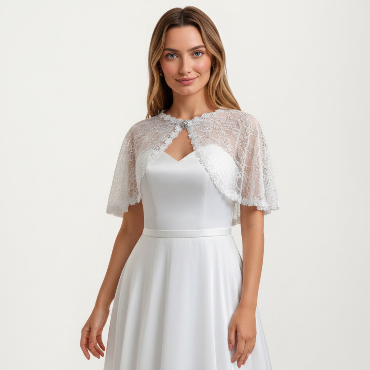 Floral Capelet with Scalloped Edges Sheer Draped Overlay and Sparkling Clasp Detail for Light Coverage 8.5x13in