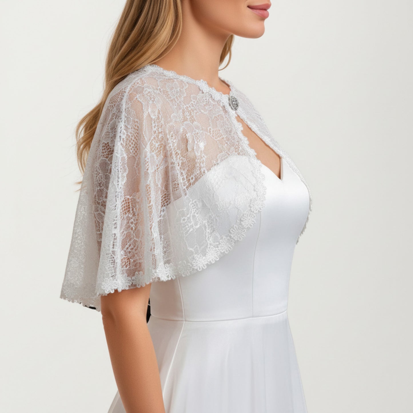 Floral Capelet with Scalloped Edges Sheer Draped Overlay and Sparkling Clasp Detail for Light Coverage 8.5x13in
