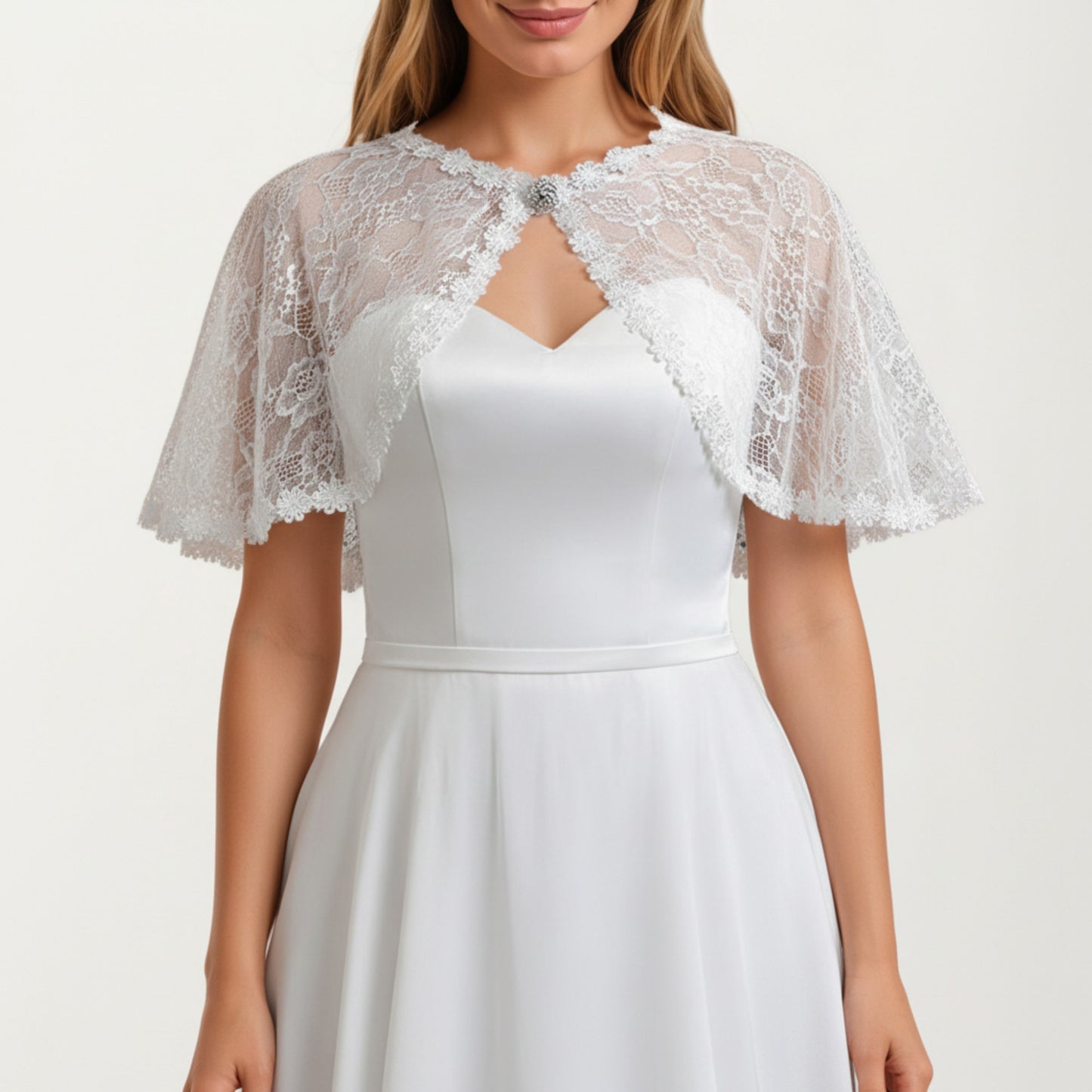 Floral Capelet with Scalloped Edges Sheer Draped Overlay and Sparkling Clasp Detail for Light Coverage 8.5x13in