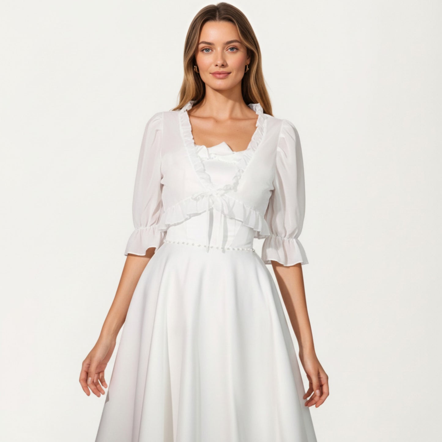 Sheer Ruffle Trim Bolero Top with Puff Sleeves Soft Layered Front Tie Detail and Elegant Overlay 8.5x13in