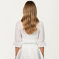 Sheer Ruffle Trim Bolero Top with Puff Sleeves Soft Layered Front Tie Detail and Elegant Overlay 8.5x13in