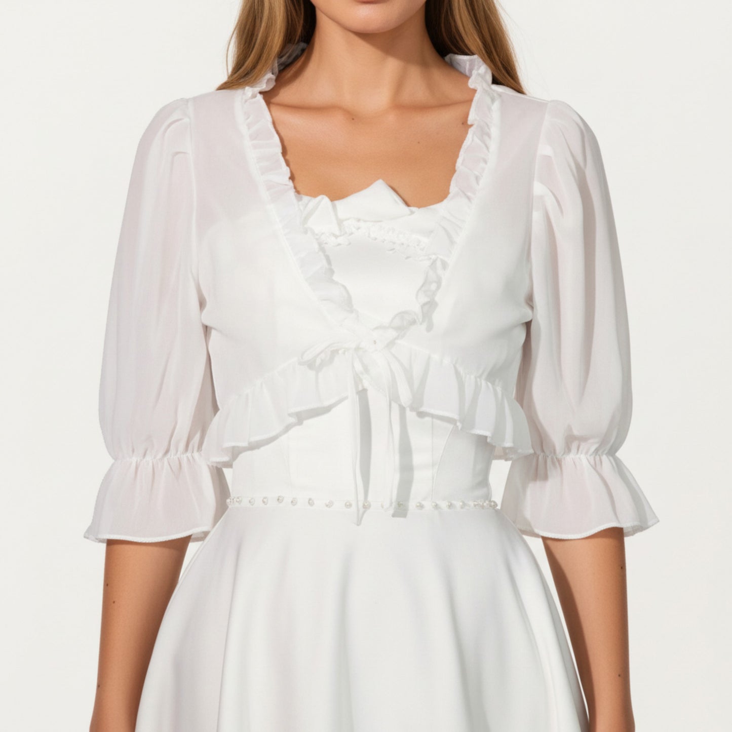 Sheer Ruffle Trim Bolero Top with Puff Sleeves Soft Layered Front Tie Detail and Elegant Overlay 8.5x13in