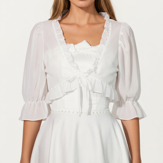 Sheer Ruffle Trim Bolero Top with Puff Sleeves Soft Layered Front Tie Detail and Elegant Overlay 8.5x13in