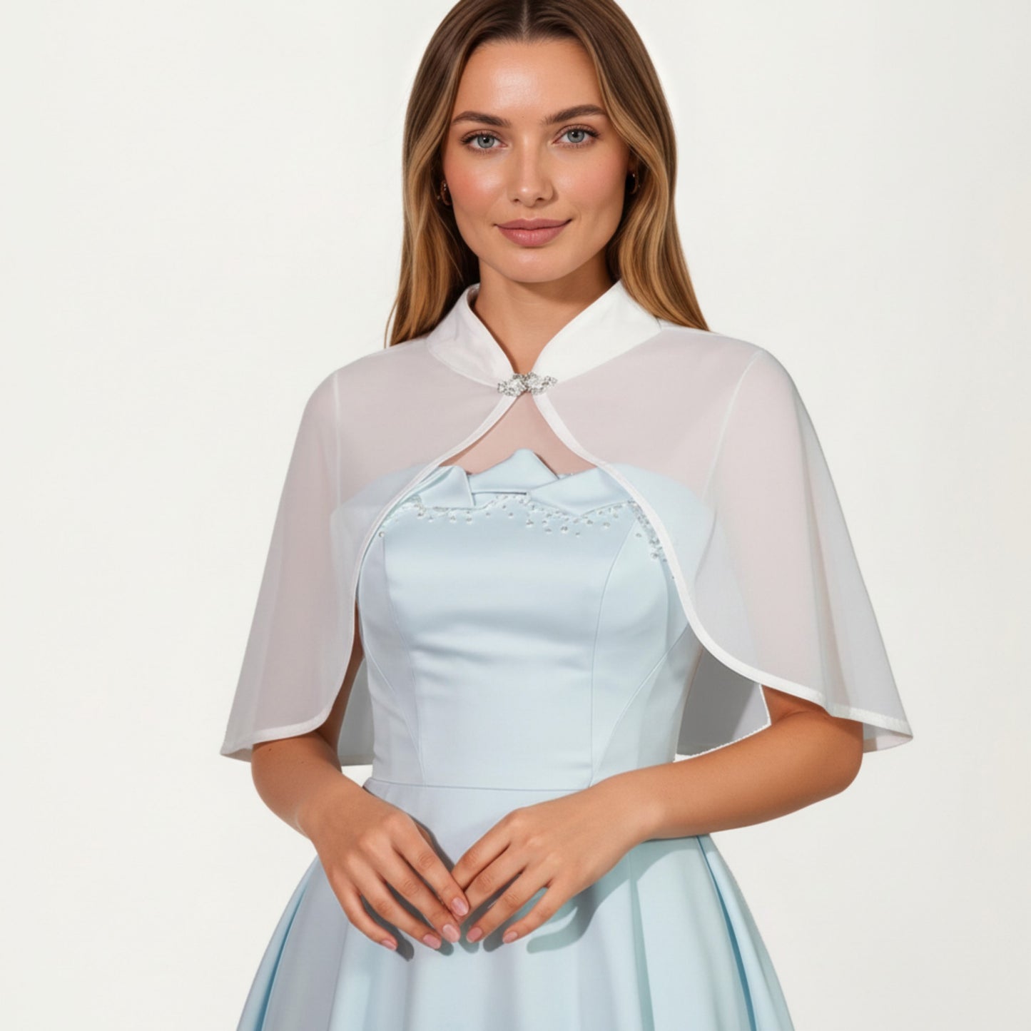 Sheer Chiffon Capelet with Satin Trim Structured Collar and Sparkling Clasp Front for an Light Overlay 8.5x13in