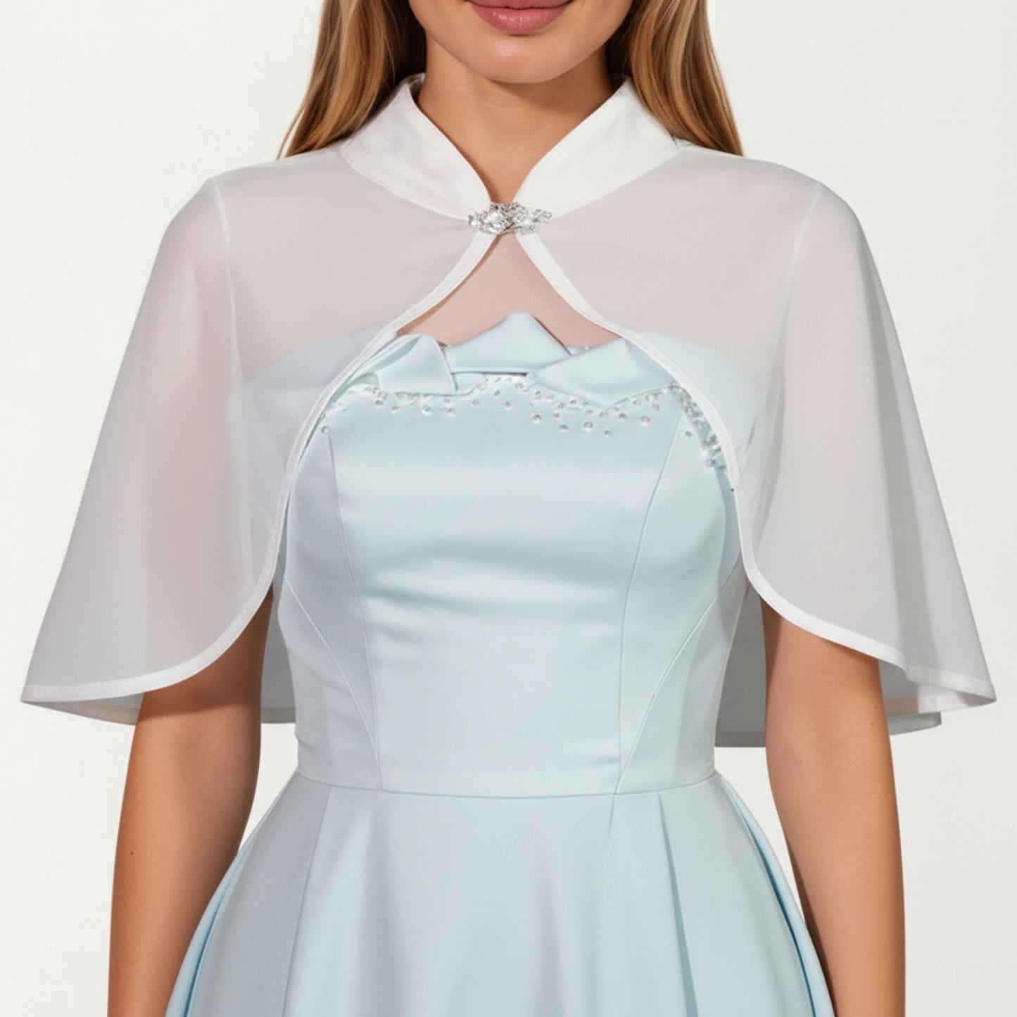 Sheer Chiffon Capelet with Satin Trim Structured Collar and Sparkling Clasp Front for an Light Overlay 8.5x13in