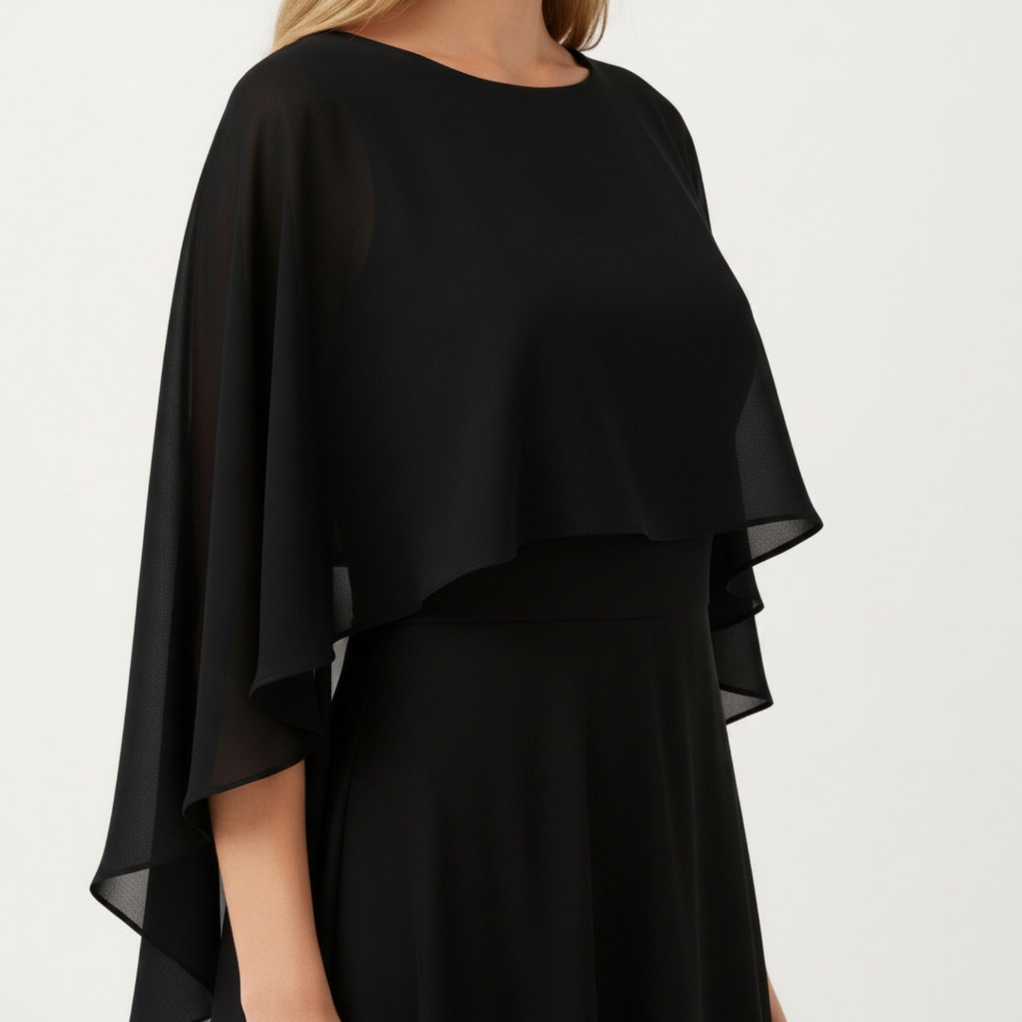Flowing Chiffon Capelet Top with Layered Draped Sleeves Soft Sheer Overlay and Elegant Silhouette 19in