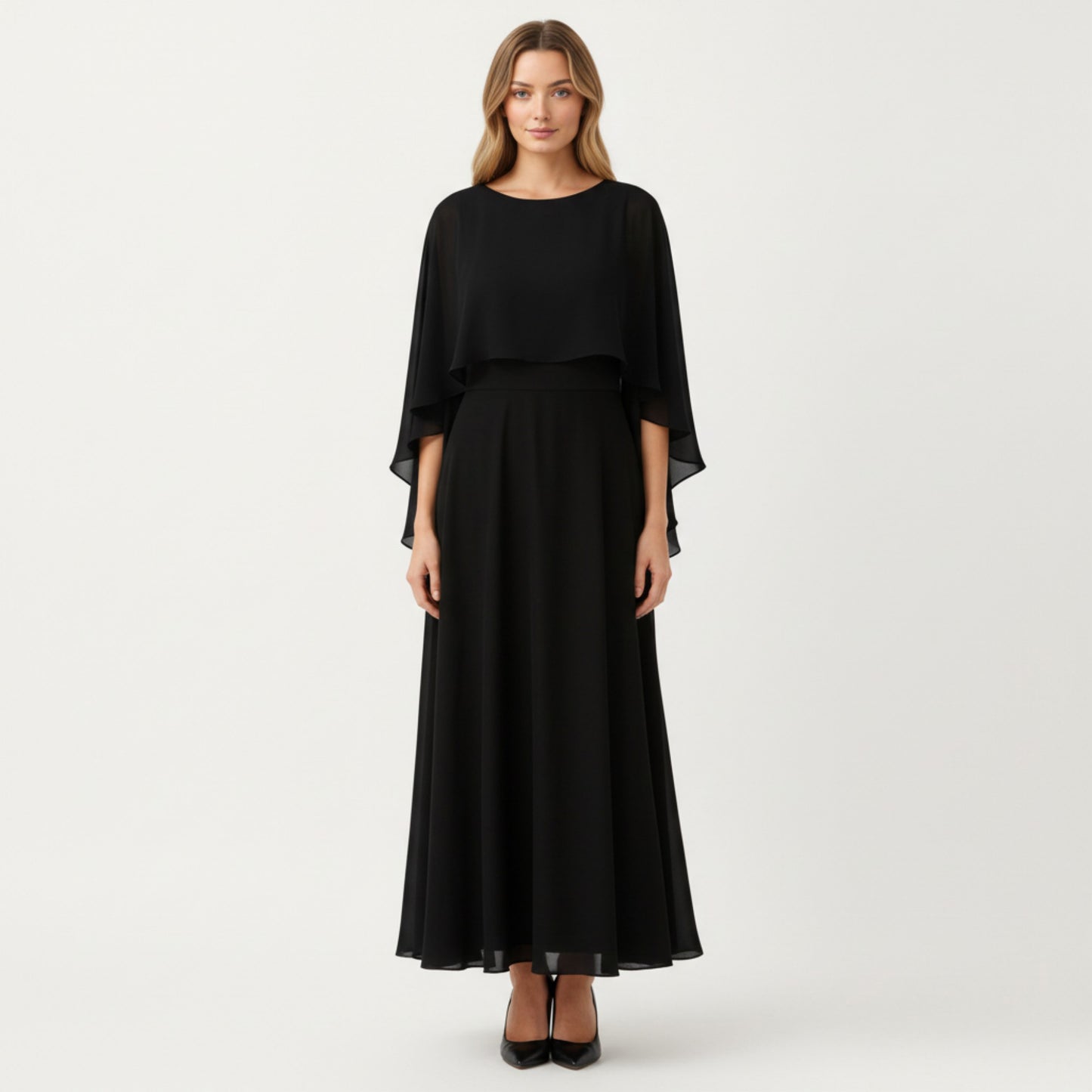 Flowing Chiffon Capelet Top with Layered Draped Sleeves Soft Sheer Overlay and Elegant Silhouette 19in