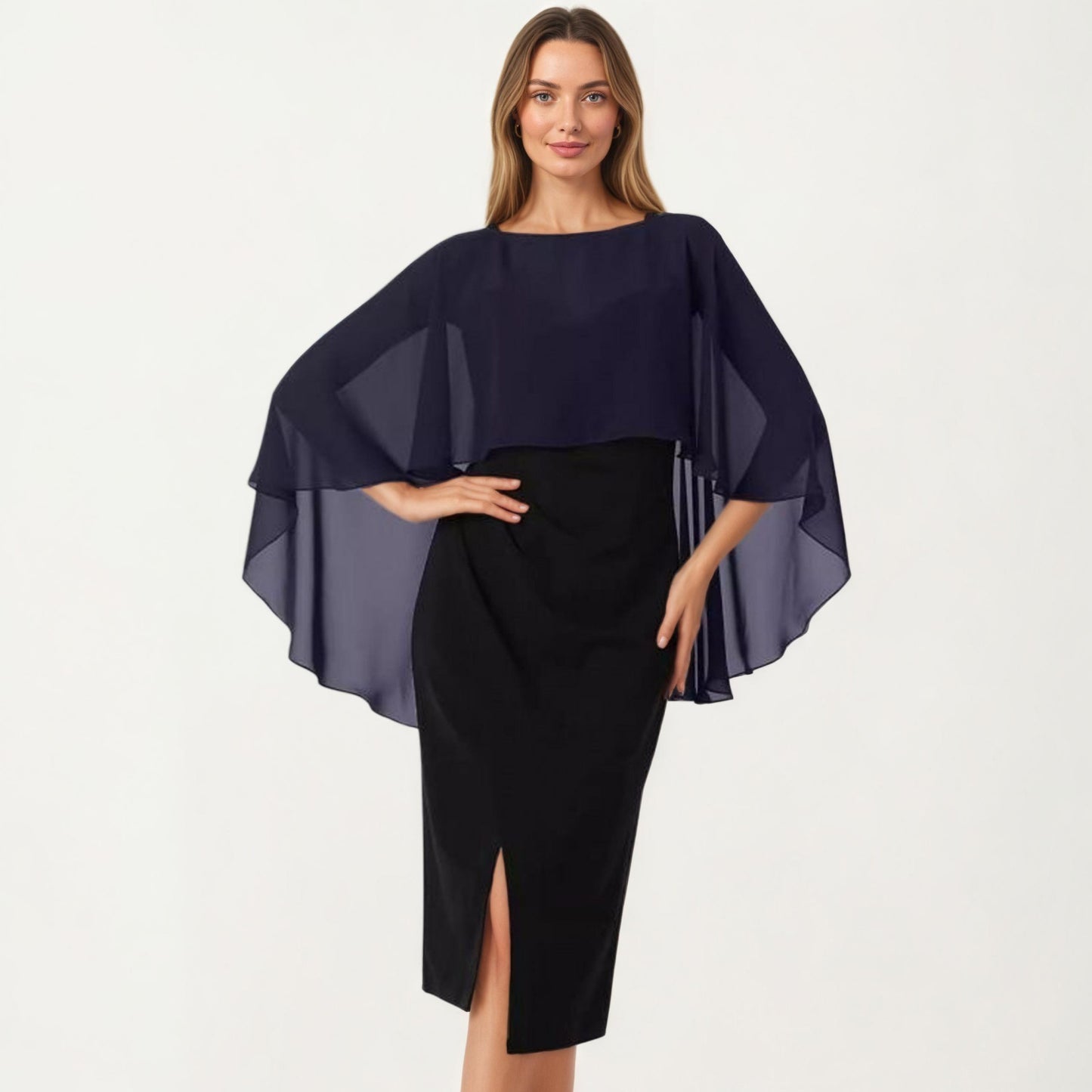 Flowing Chiffon Capelet Top with Layered Draped Sleeves Soft Sheer Overlay and Elegant Silhouette 19in