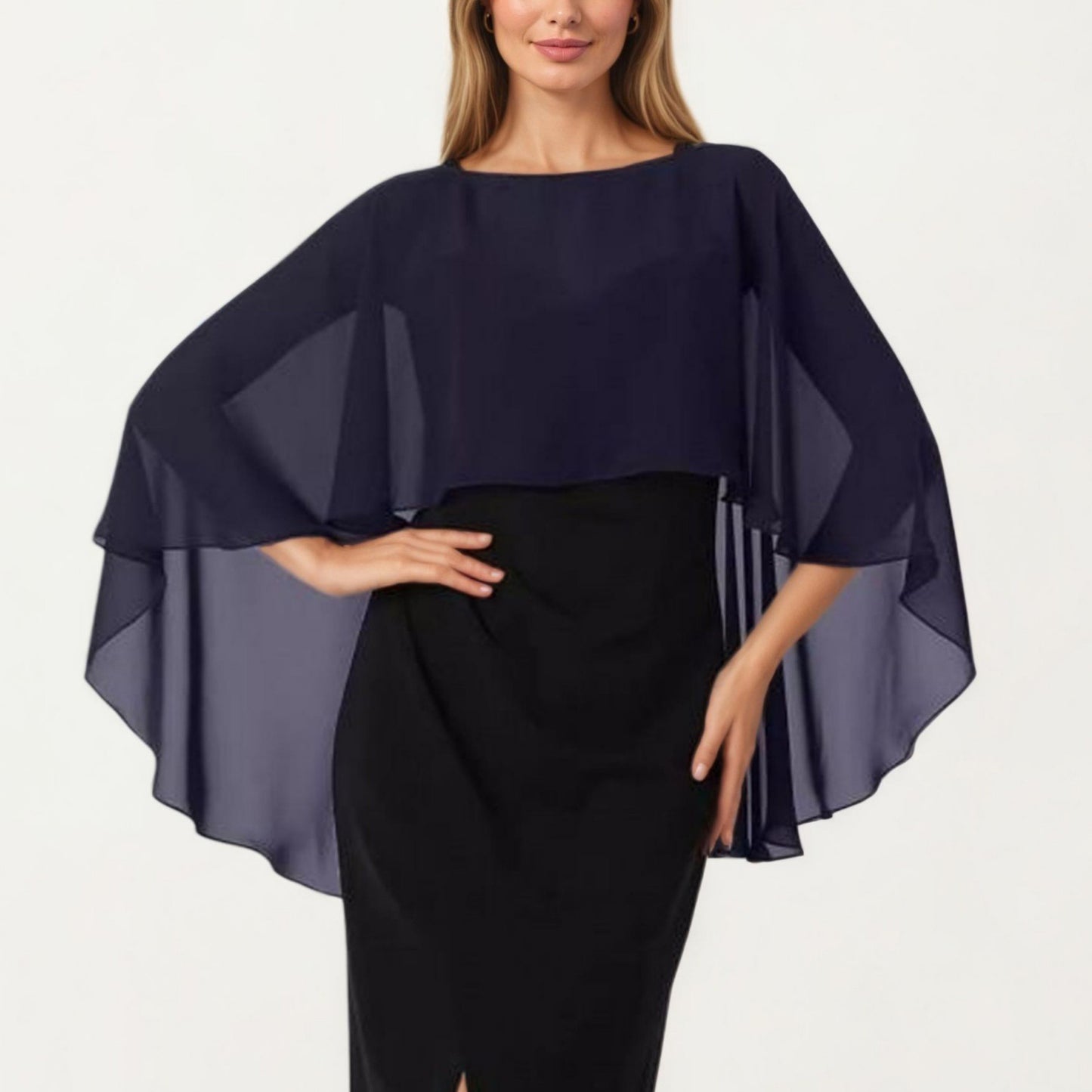Flowing Chiffon Capelet Top with Layered Draped Sleeves Soft Sheer Overlay and Elegant Silhouette 19in