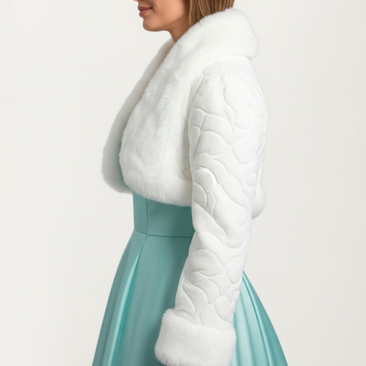 Plush Faux Fur Bolero Jacket with Soft Wide Collar Quilted Texture Sleeves and Luxe Trim Details 19in