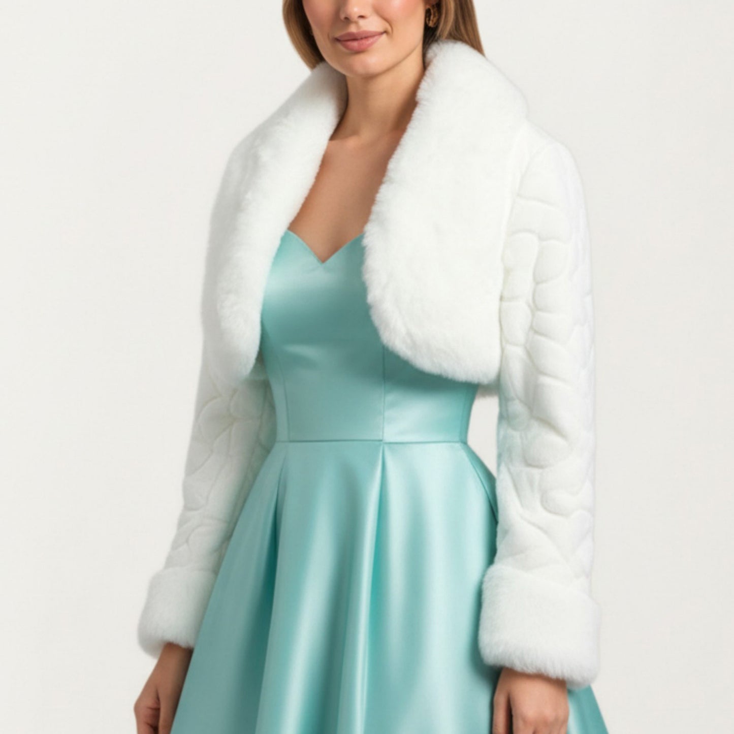 Plush Faux Fur Bolero Jacket with Soft Wide Collar Quilted Texture Sleeves and Luxe Trim Details 19in
