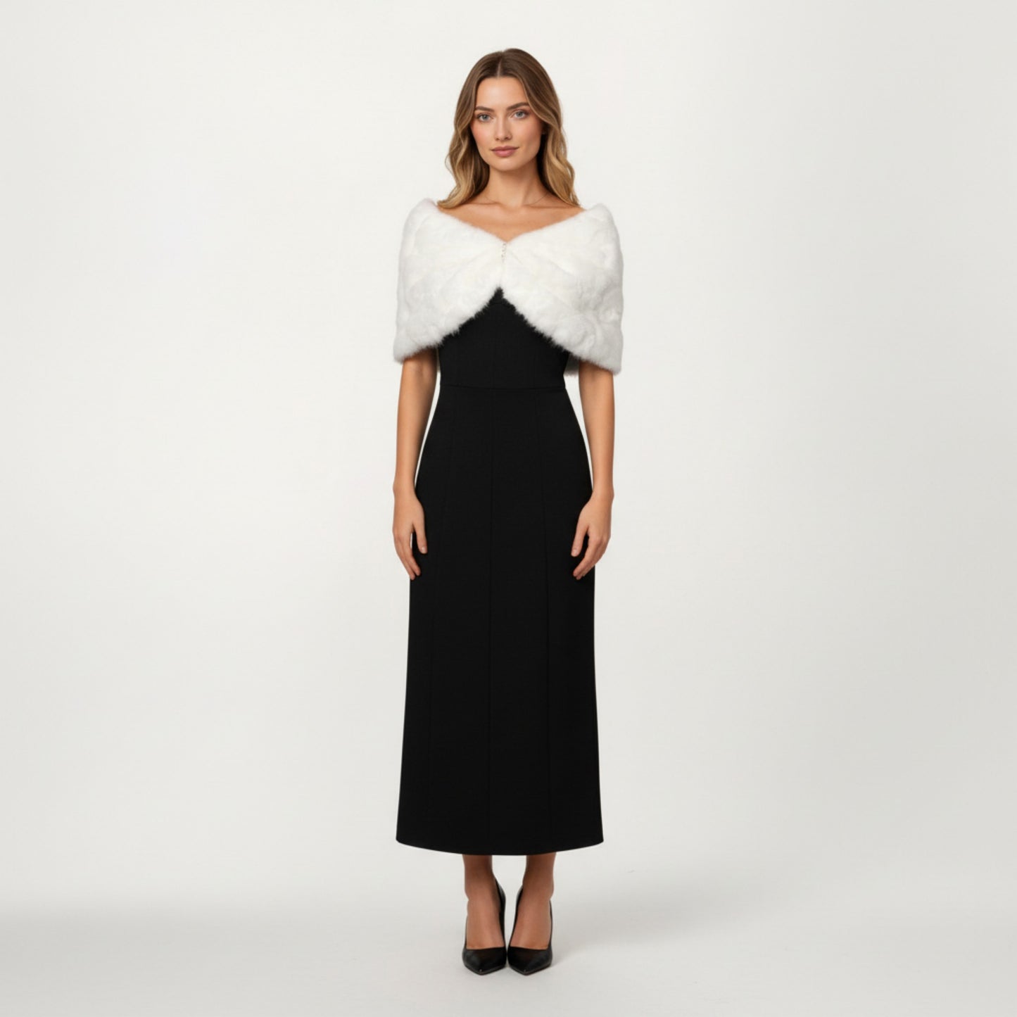 Soft Plush Faux Fur Wrap with Elegant Drape Delicate Front Detail and Smooth Luxe Texture 19in