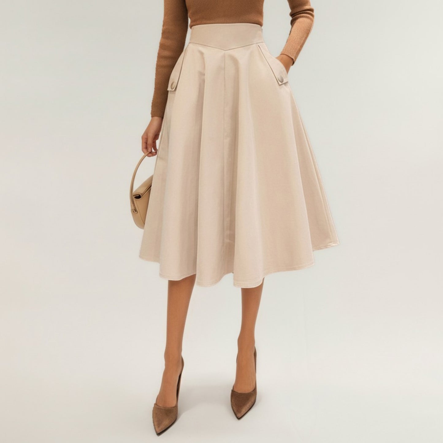 Midi A-Line Skirt with Structured High Waist, Soft Flowing Panels, and Button-Tab Pocket Accents for Shape
