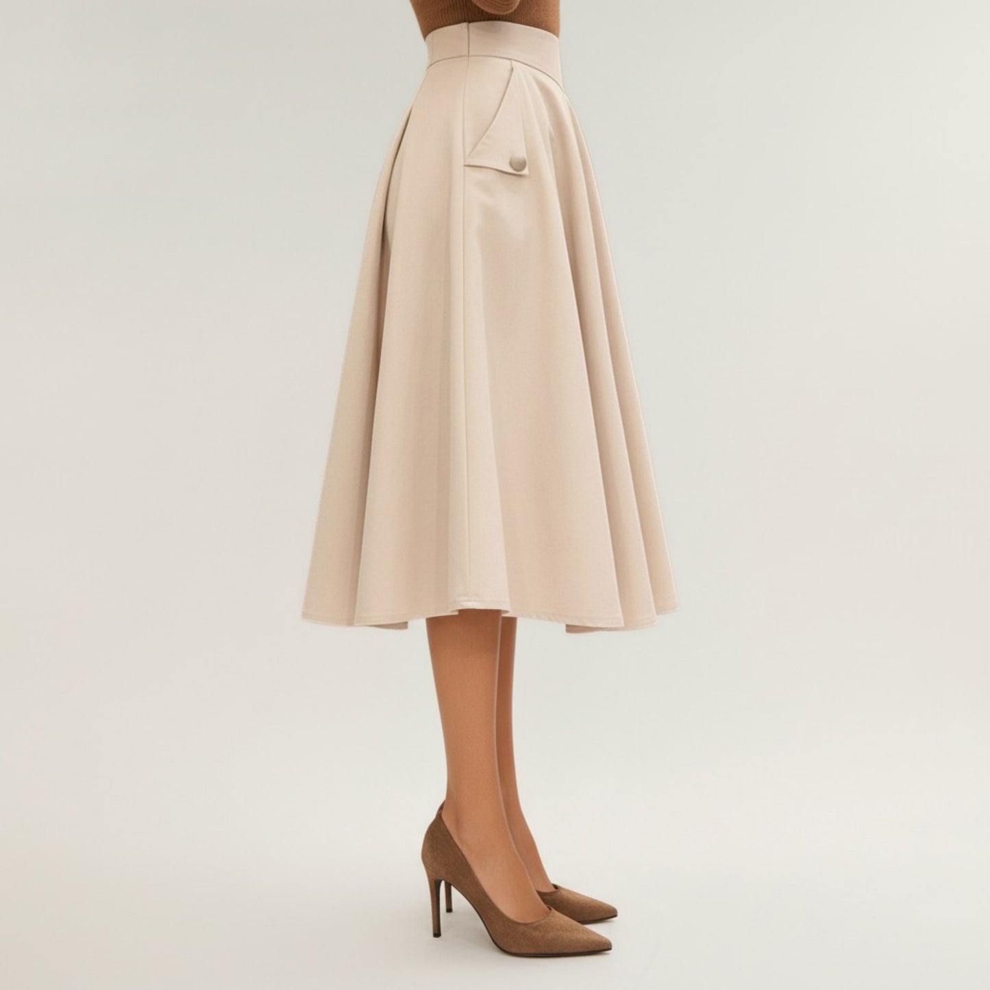 Midi A-Line Skirt with Structured High Waist, Soft Flowing Panels, and Button-Tab Pocket Accents for Shape