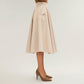 Midi A-Line Skirt with Structured High Waist, Soft Flowing Panels, and Button-Tab Pocket Accents for Shape
