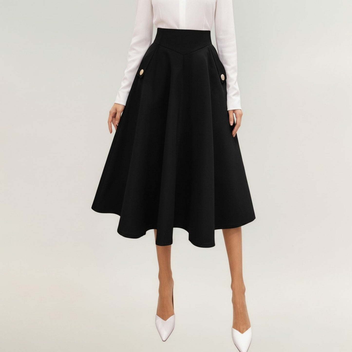 Midi A-Line Skirt with Structured High Waist, Soft Flowing Panels, and Button-Tab Pocket Accents for Shape