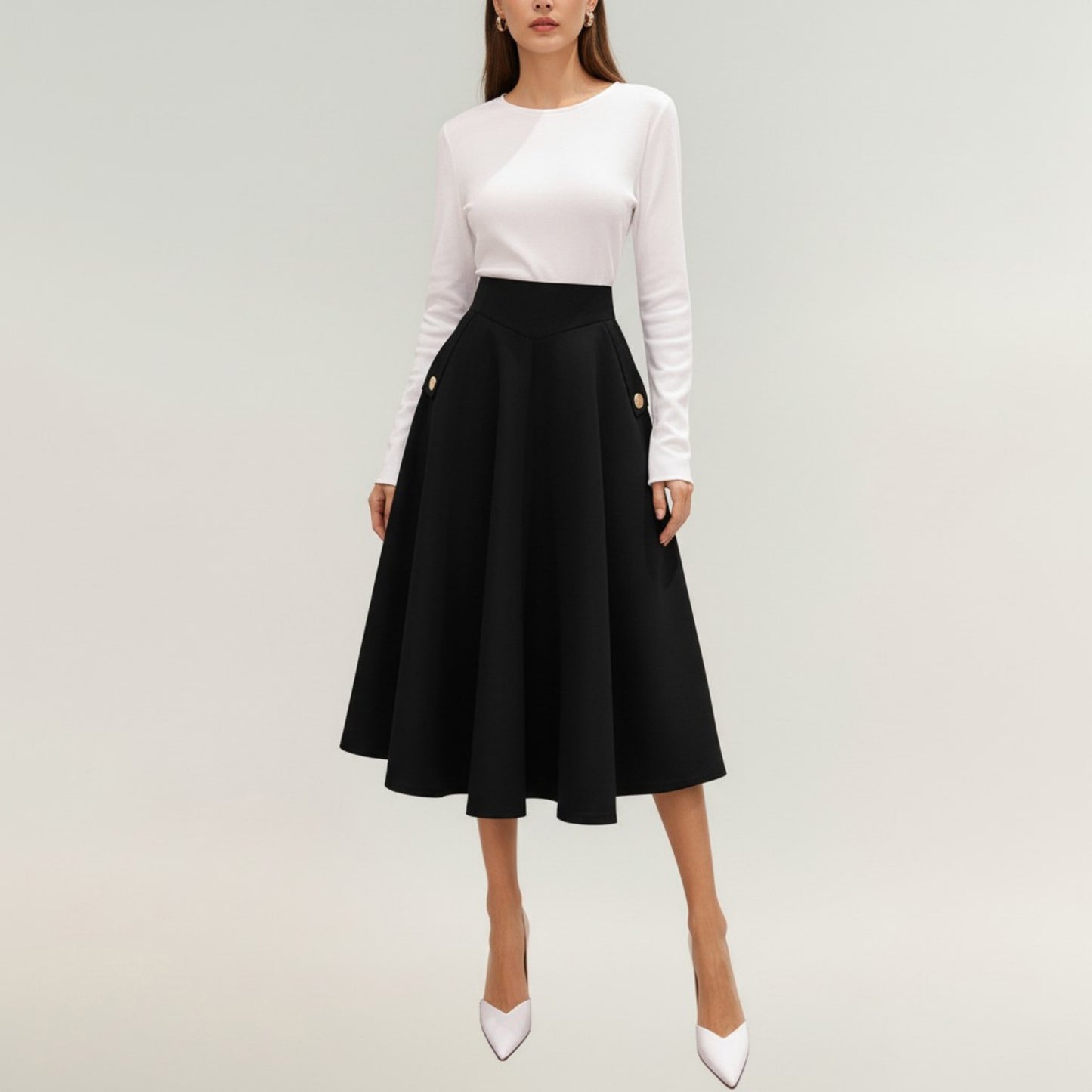 Midi A-Line Skirt with Structured High Waist, Soft Flowing Panels, and Button-Tab Pocket Accents for Shape