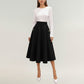 Midi A-Line Skirt with Structured High Waist, Soft Flowing Panels, and Button-Tab Pocket Accents for Shape