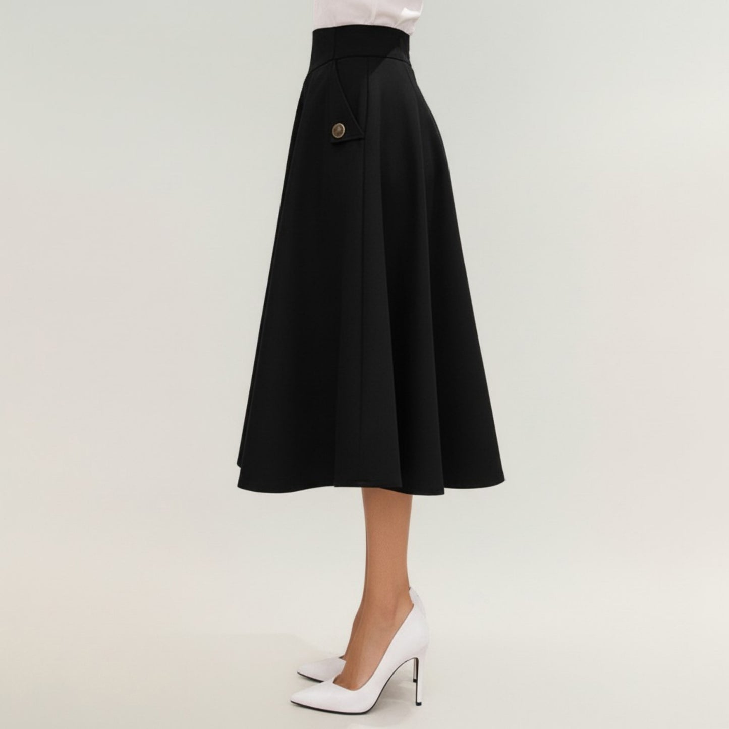 Midi A-Line Skirt with Structured High Waist, Soft Flowing Panels, and Button-Tab Pocket Accents for Shape