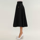 Midi A-Line Skirt with Structured High Waist, Soft Flowing Panels, and Button-Tab Pocket Accents for Shape