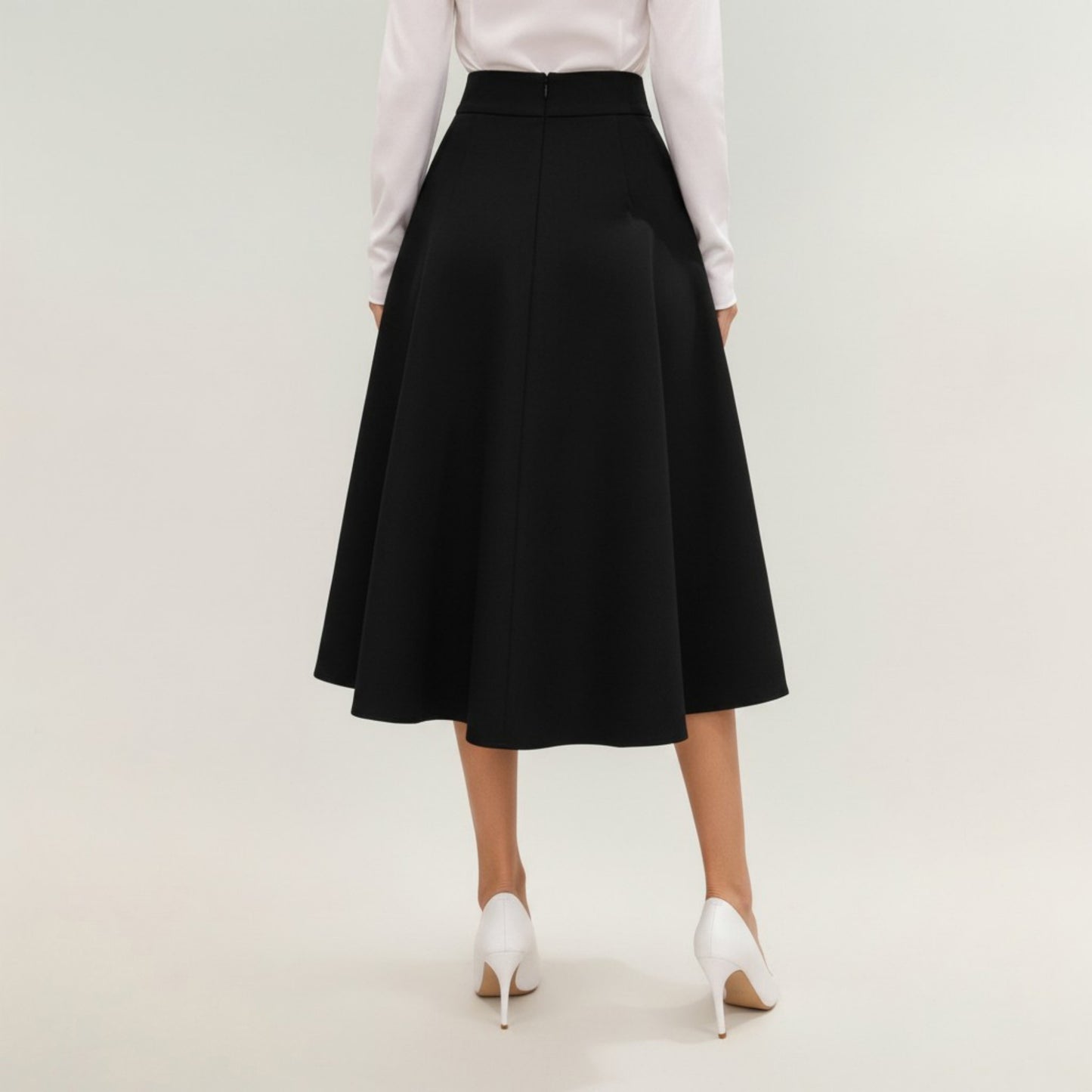 Midi A-Line Skirt with Structured High Waist, Soft Flowing Panels, and Button-Tab Pocket Accents for Shape