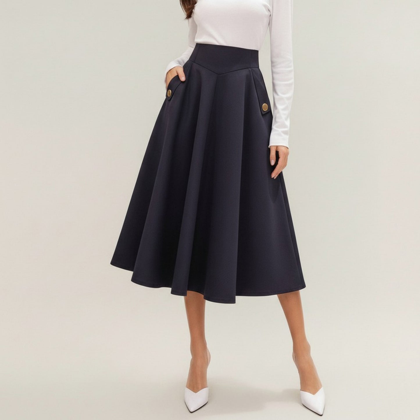 Midi A-Line Skirt with Structured High Waist, Soft Flowing Panels, and Button-Tab Pocket Accents for Shape