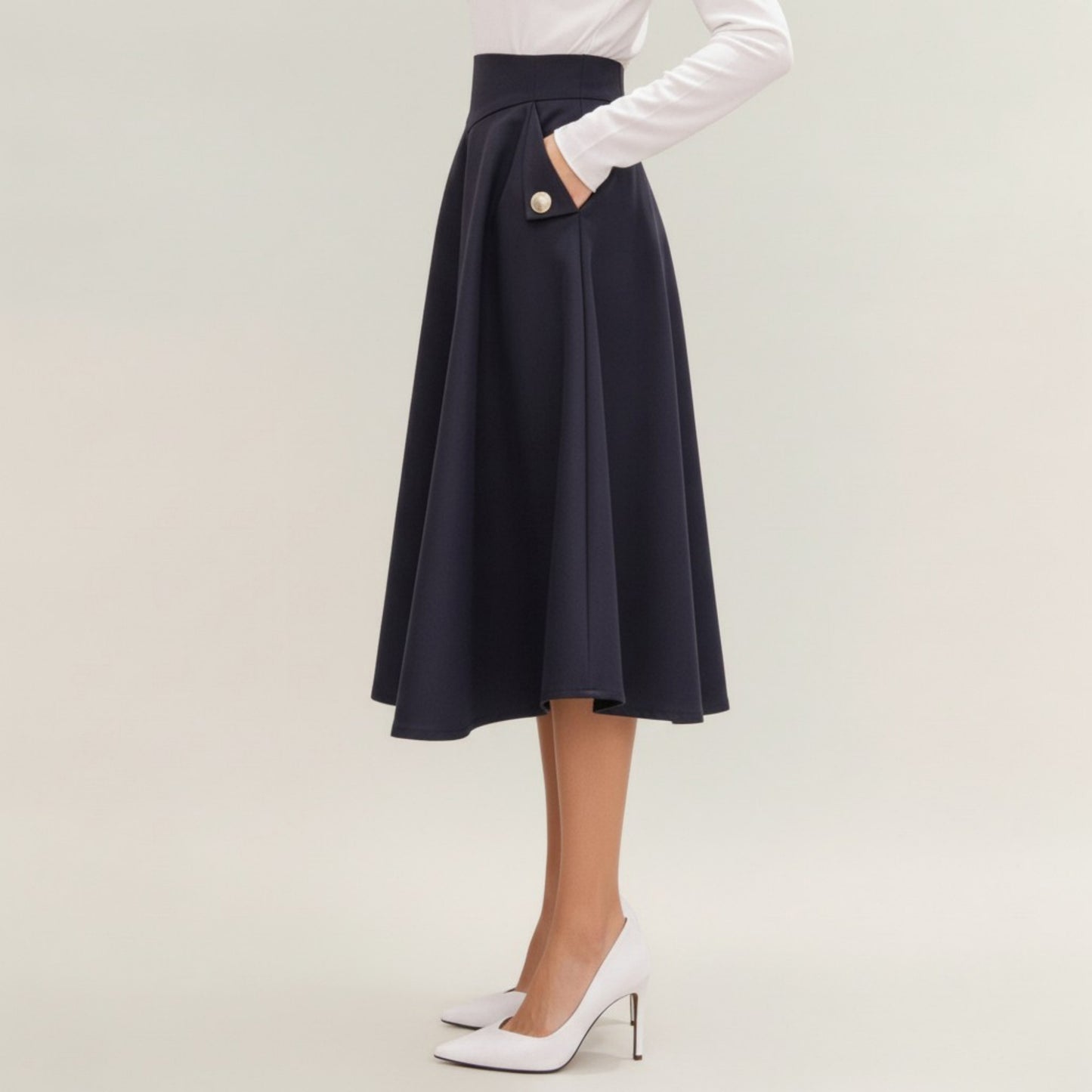 Midi A-Line Skirt with Structured High Waist, Soft Flowing Panels, and Button-Tab Pocket Accents for Shape