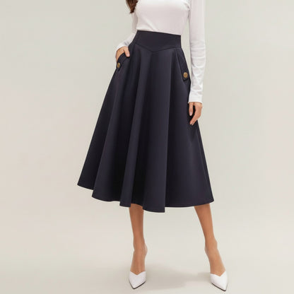 Midi A-Line Skirt with Structured High Waist, Soft Flowing Panels, and Button-Tab Pocket Accents for Shape