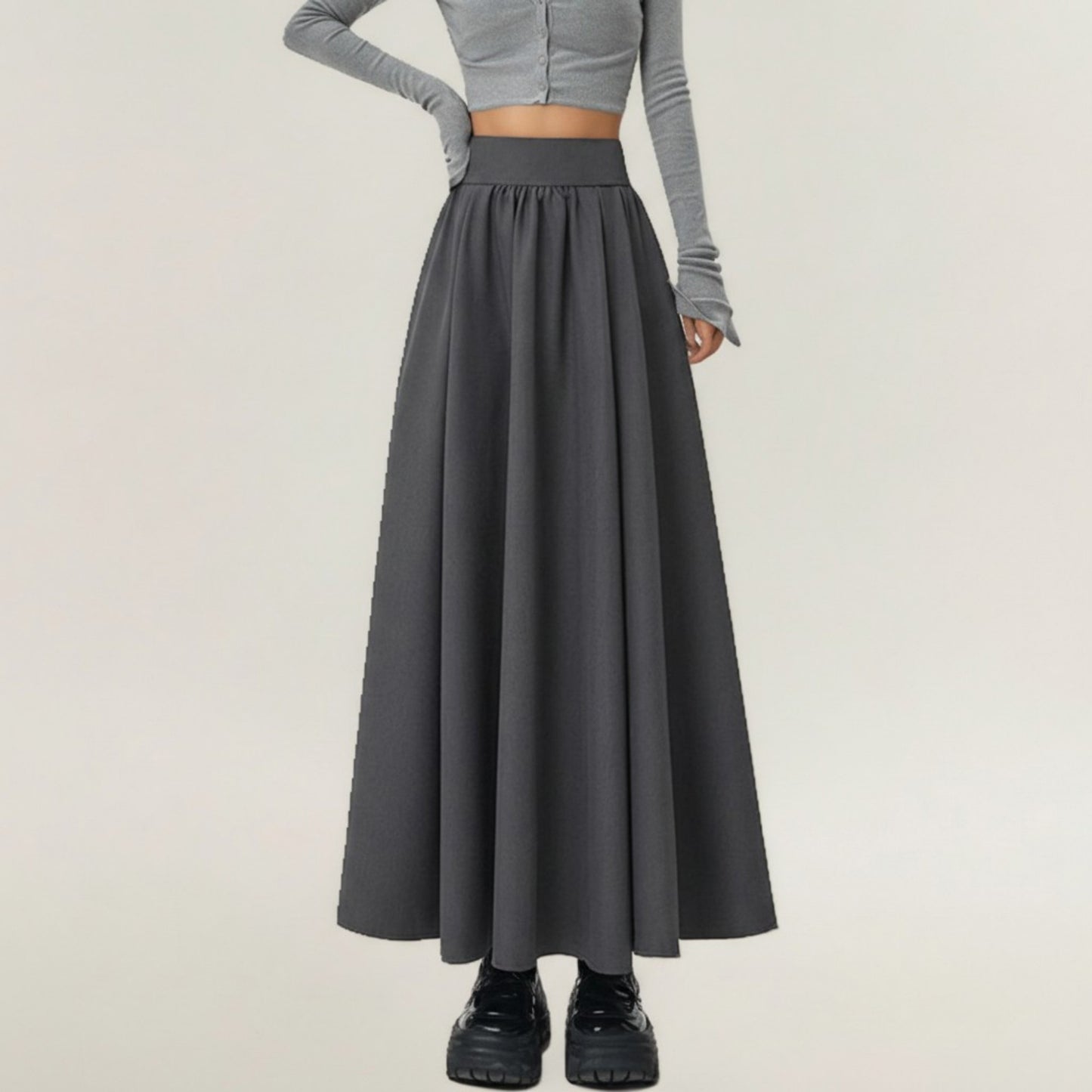 Full Maxi Skirt with Wide Smooth Waistband and Flowing Voluminous Silhouette for Soft Elegant Movement
