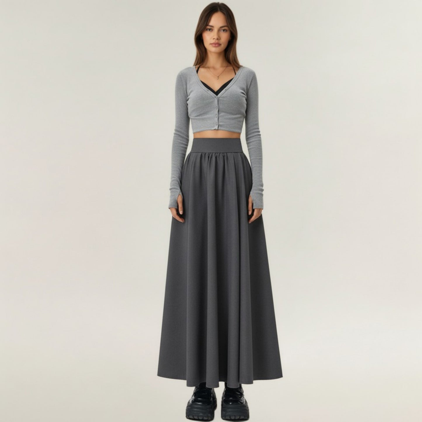 Full Maxi Skirt with Wide Smooth Waistband and Flowing Voluminous Silhouette for Soft Elegant Movement