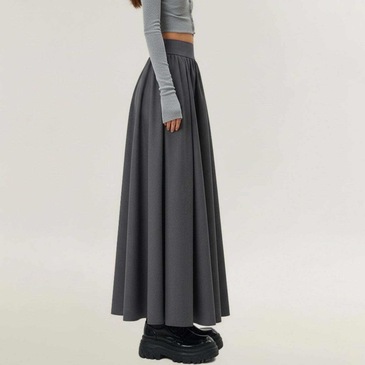 Full Maxi Skirt with Wide Smooth Waistband and Flowing Voluminous Silhouette for Soft Elegant Movement