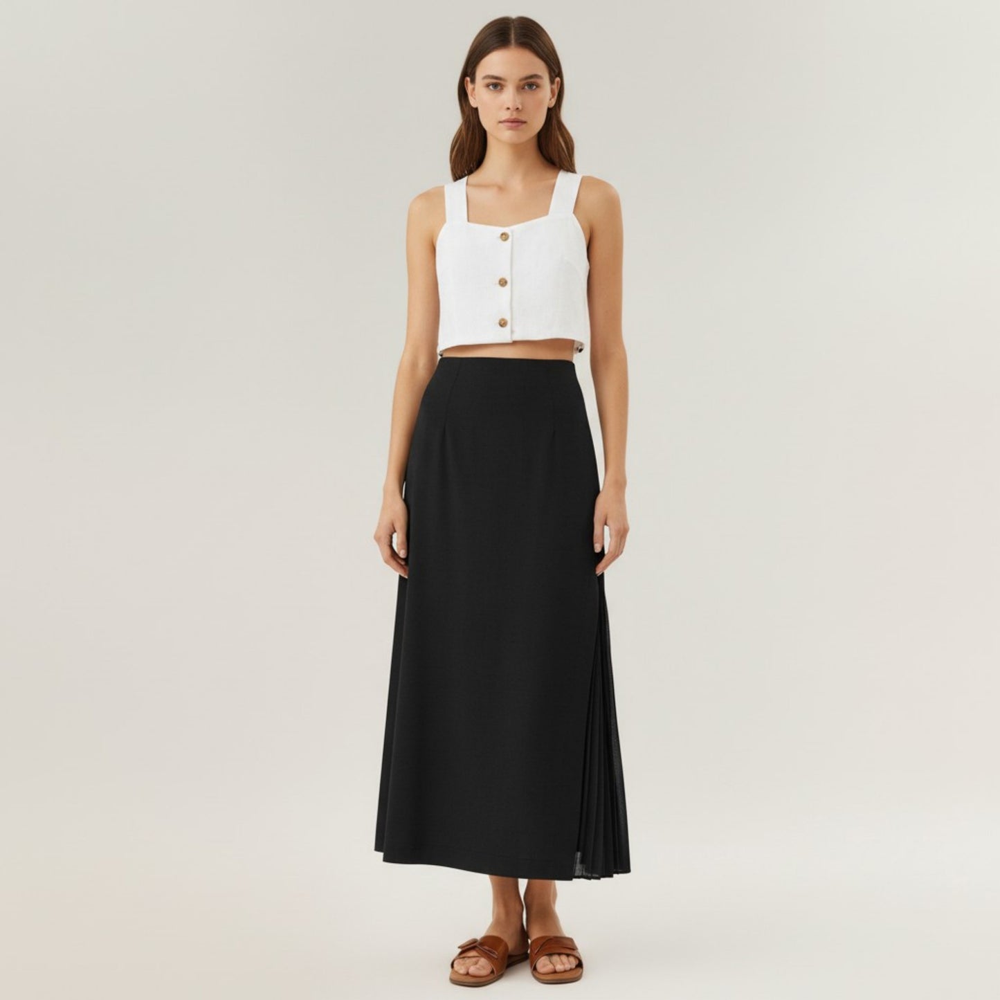 Maxi Skirt with Sleek Straight Silhouette and Soft Pleated Side Panel Detail for Elegant Flowing Movement