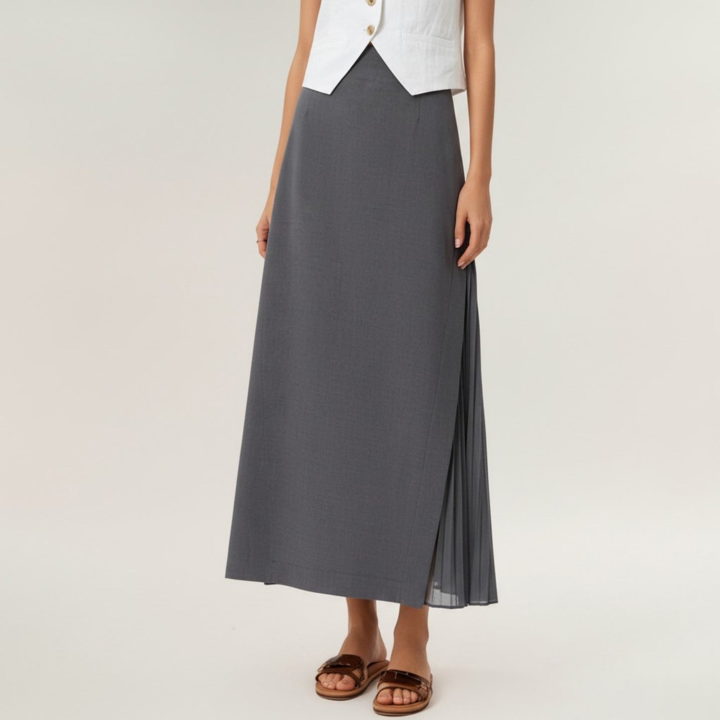 Maxi Skirt with Sleek Straight Silhouette and Soft Pleated Side Panel Detail for Elegant Flowing Movement
